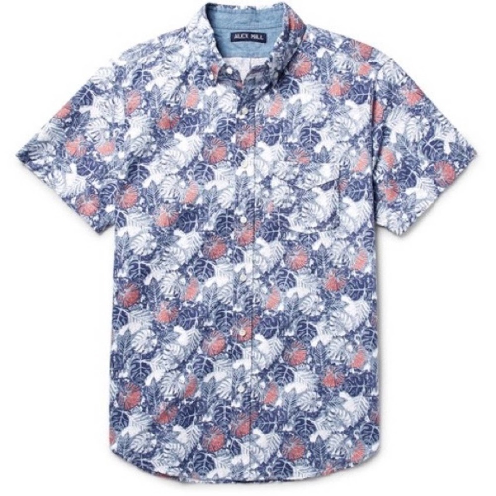 ALEX MILL Button-Down Collar Palm Leaf-Print Cotton Oxford Shirt Sz L